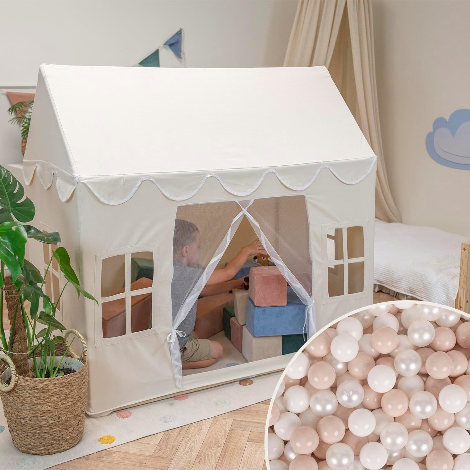 Kids Foldable Cotton Play Tent w 300 Balls Indoor Outdoor Play Den