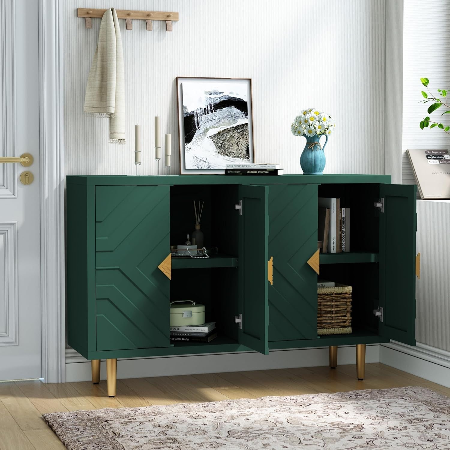 Green Kitchen Sideboard Cabinet 4 Doors Storage Buffet Table with Shelves