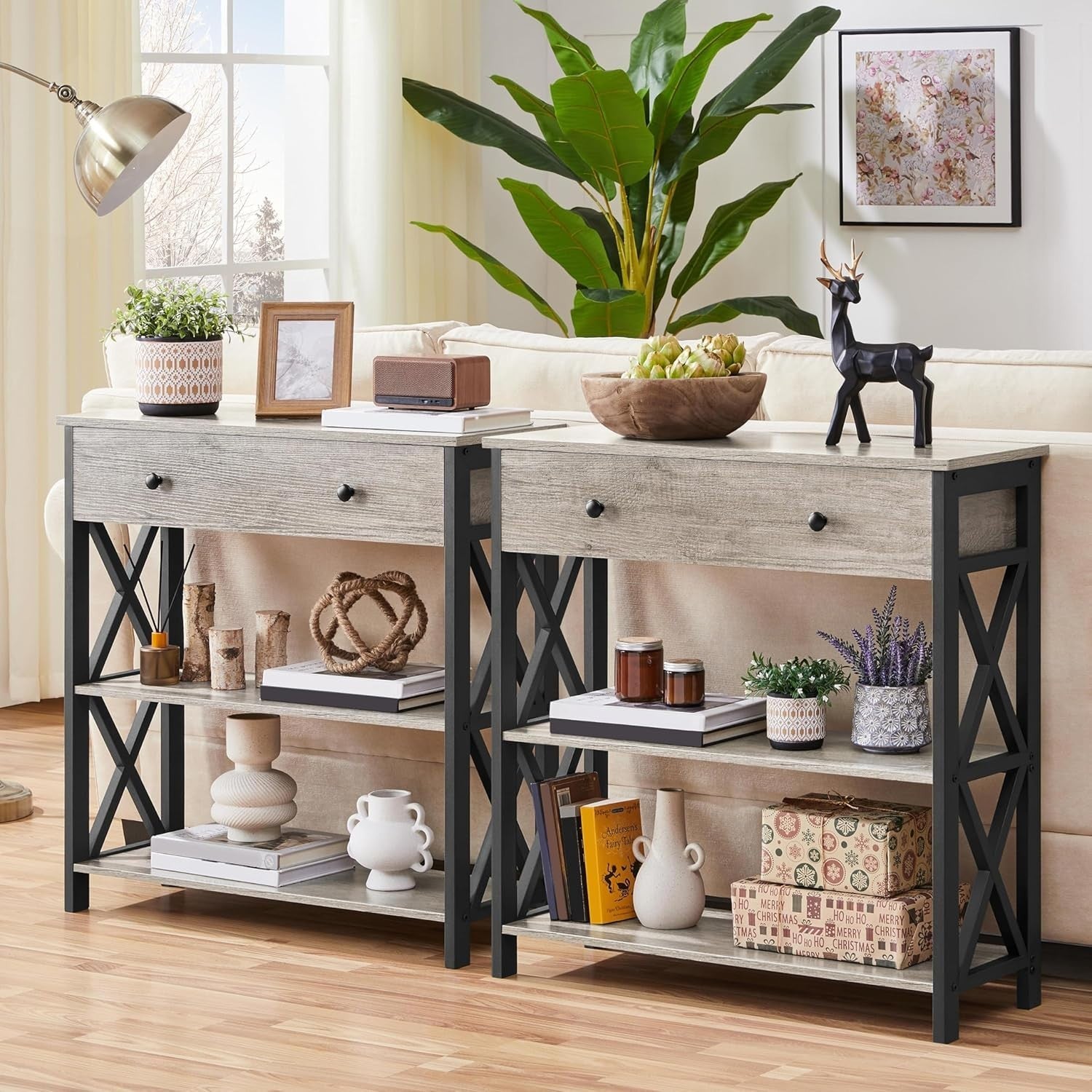 Compact Grey Console Table with Drawer & 2 Shelves, 80x29.5x81cm, Stylish