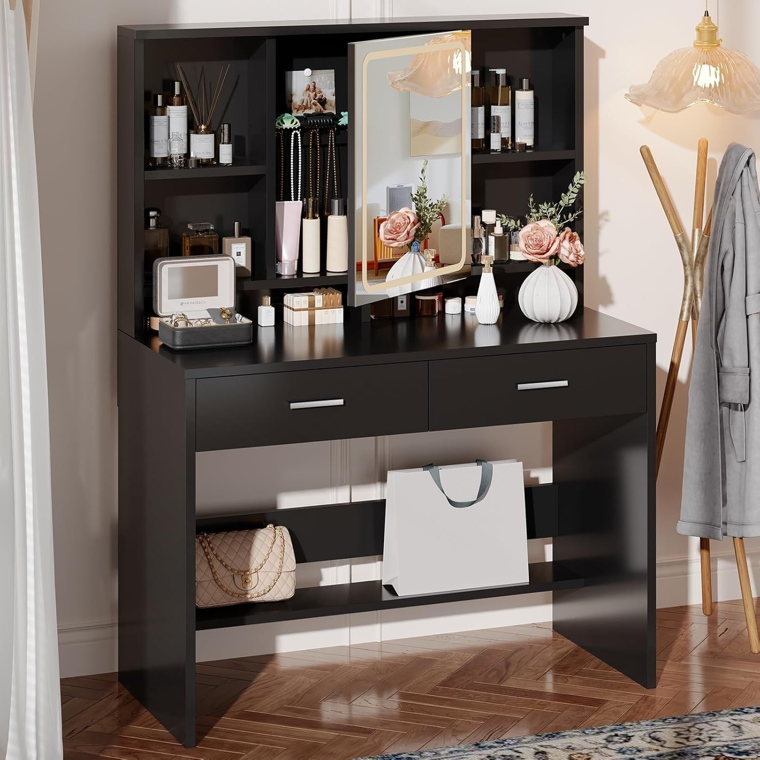 LED Dressing Table Black Vanity Desk 3-Colour Mirror Storage 2 Drawers Modern