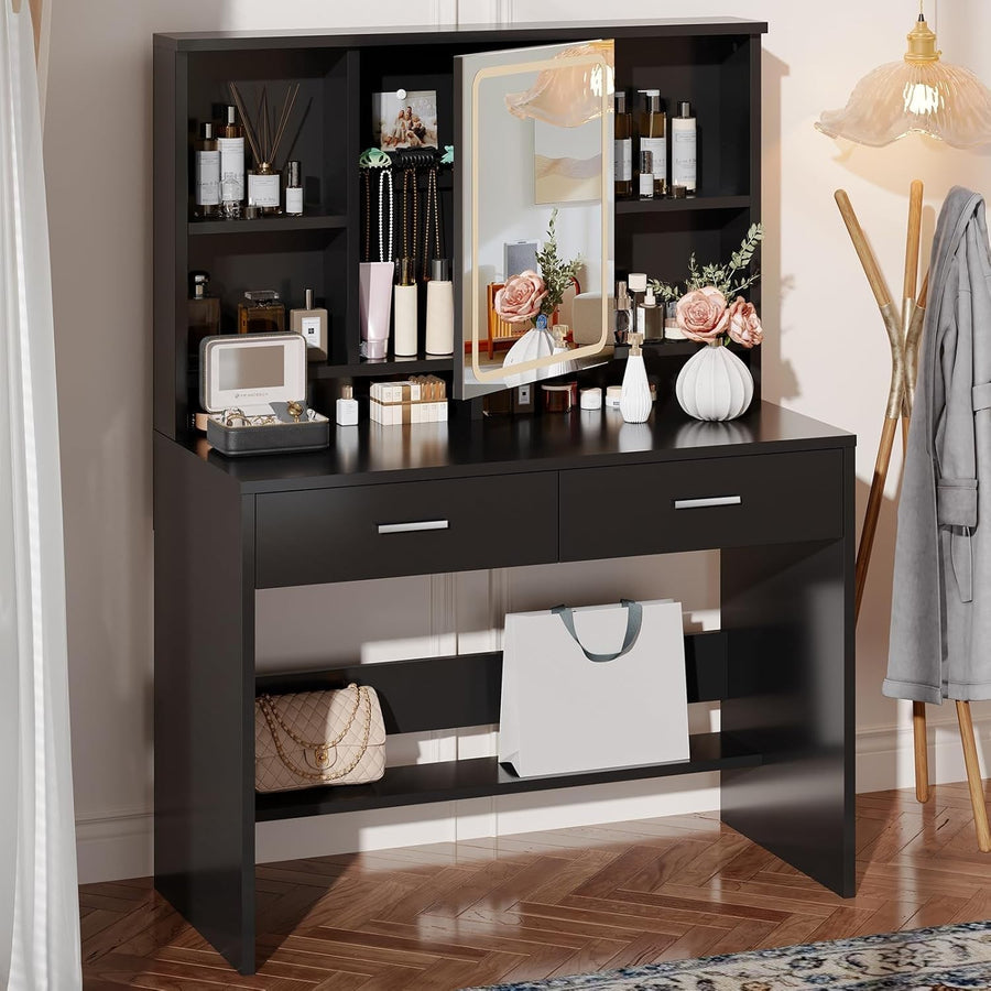 LED Dressing Table Black Vanity Desk 3-Colour Mirror Storage 2 Drawers Modern