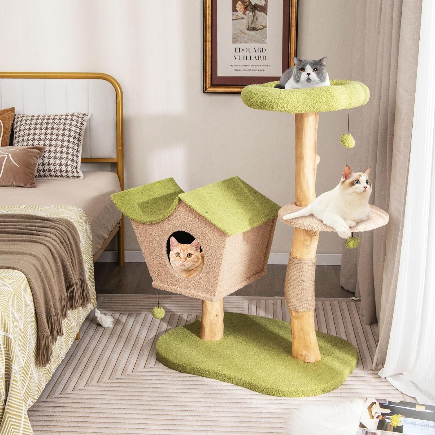 113cm Wooden Cat Tree Green with Condo Scratching Posts Top Perch Indoor Tower