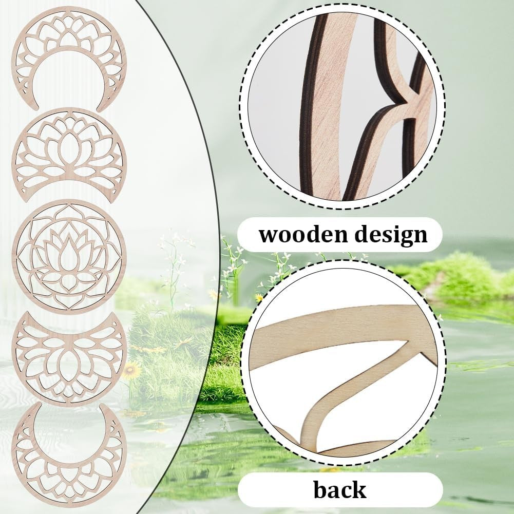 Moon Phase Wall Decor Wooden Boho Lotus 5-Piece Hanging Art