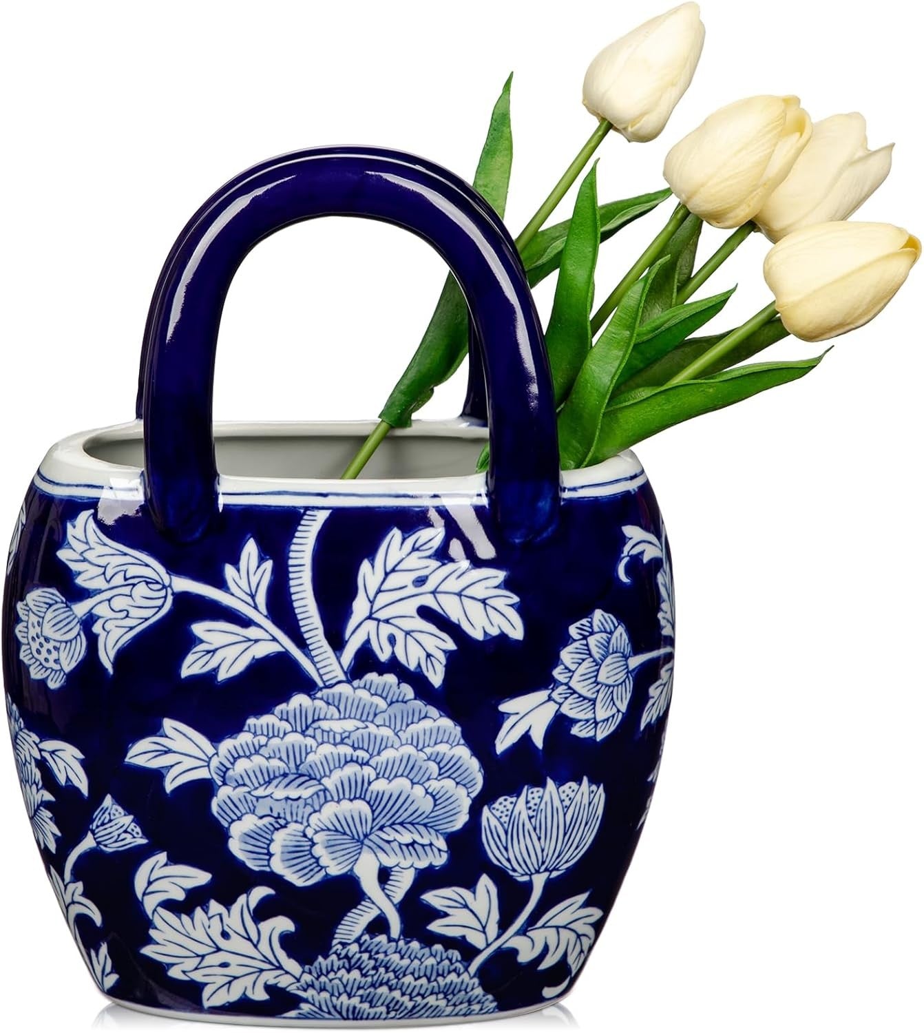 Blue White Ceramic Flower Vase Handbag Style Table Decor Porcelain 27cm