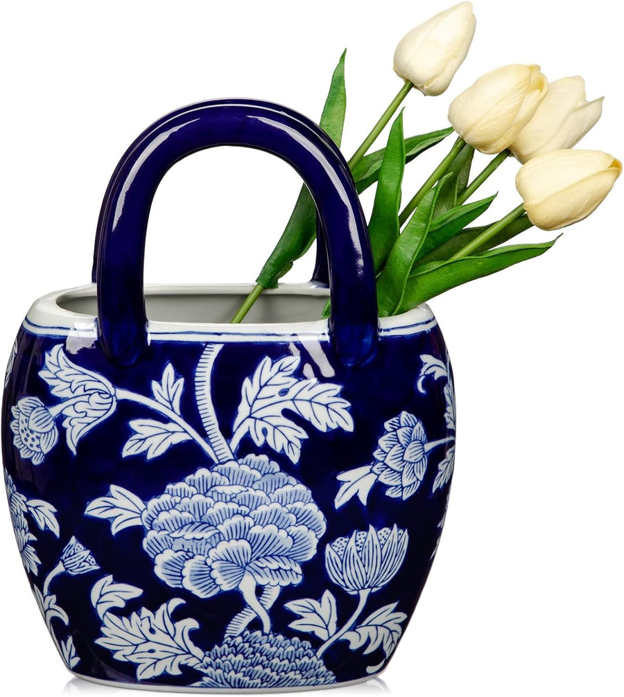 Blue White Ceramic Flower Vase Handbag Style Table Decor Porcelain 27cm