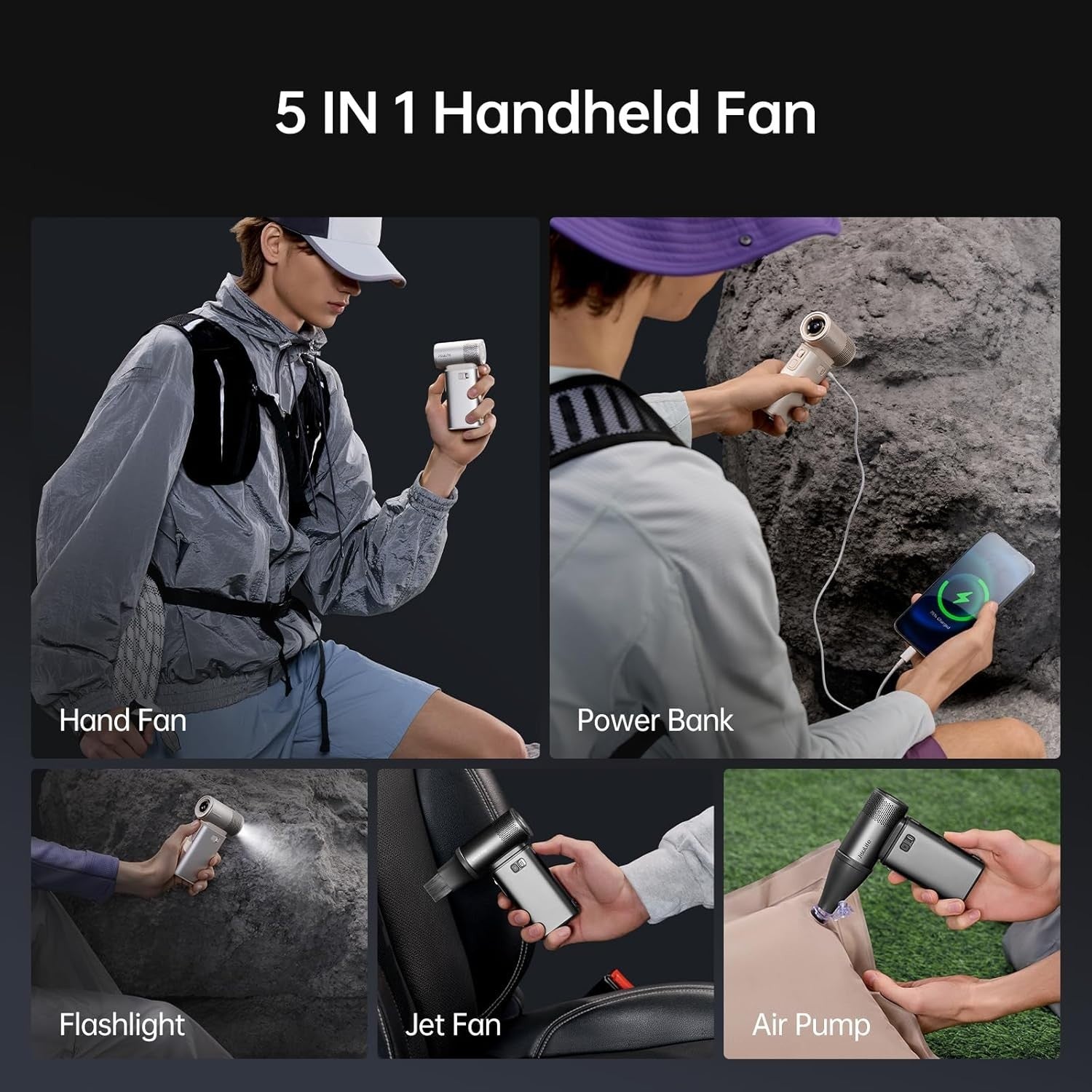 Handheld Rechargeable Turbo Fan 100Speed 9000mAh Powerbank Compact Cooling Brown