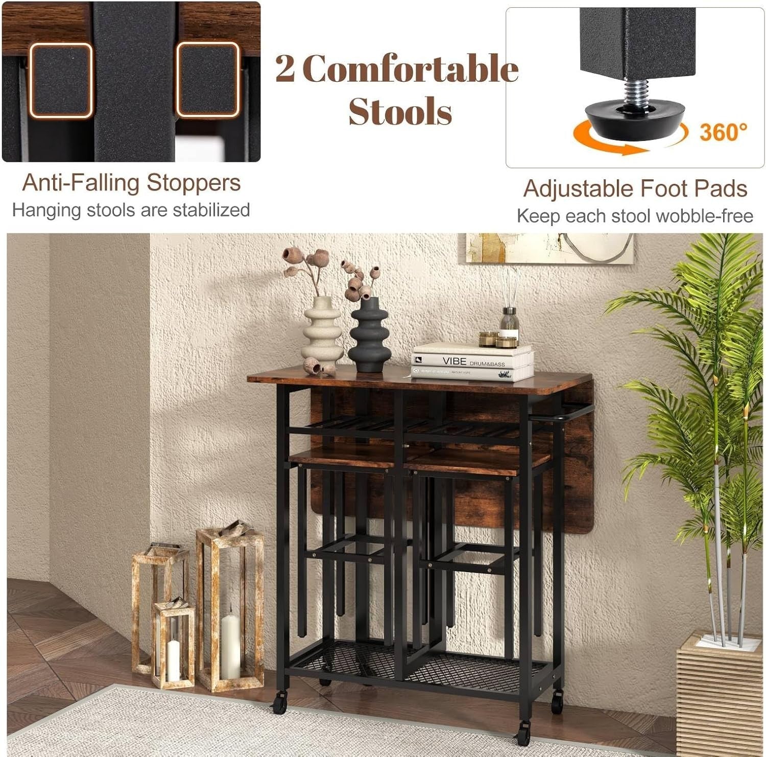 3-Piece Folding Dining Table & Stools Set with Wine Rack Storage Brown
