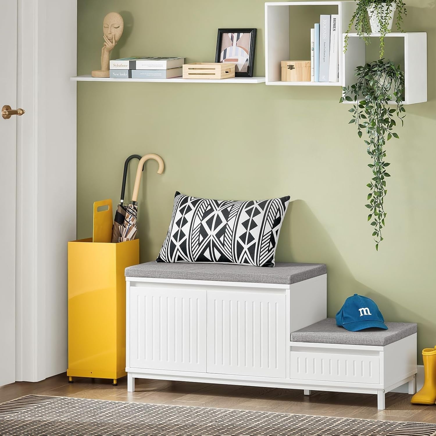 Shoe Storage Bench with Seat – Cushioned 2-Door Hallway Cabinet & Drawer
