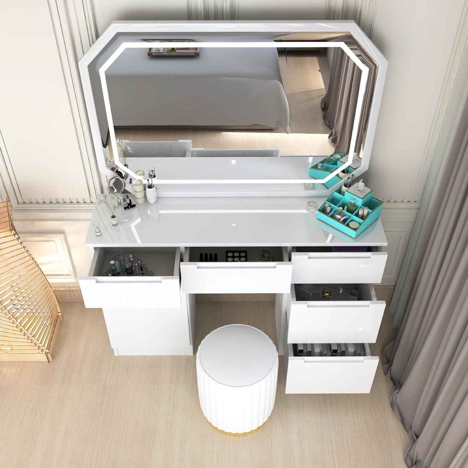 White LED Vanity Dresser Table Set 7 Drawer Makeup Mirror Stool Wood Storage