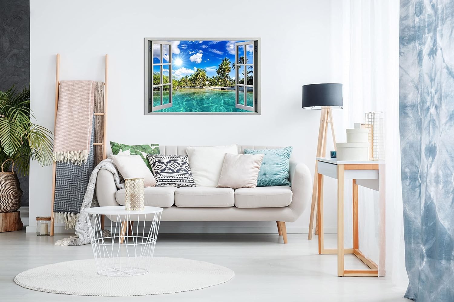 3D Window Caribbean Beach Canvas Wall Art Ocean View Living Room Decor 18x12