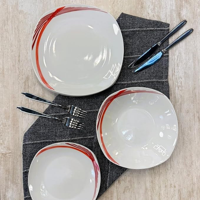 12pc White Ceramic Dinnerware Set Plates Bowls Service for 4 Red Line