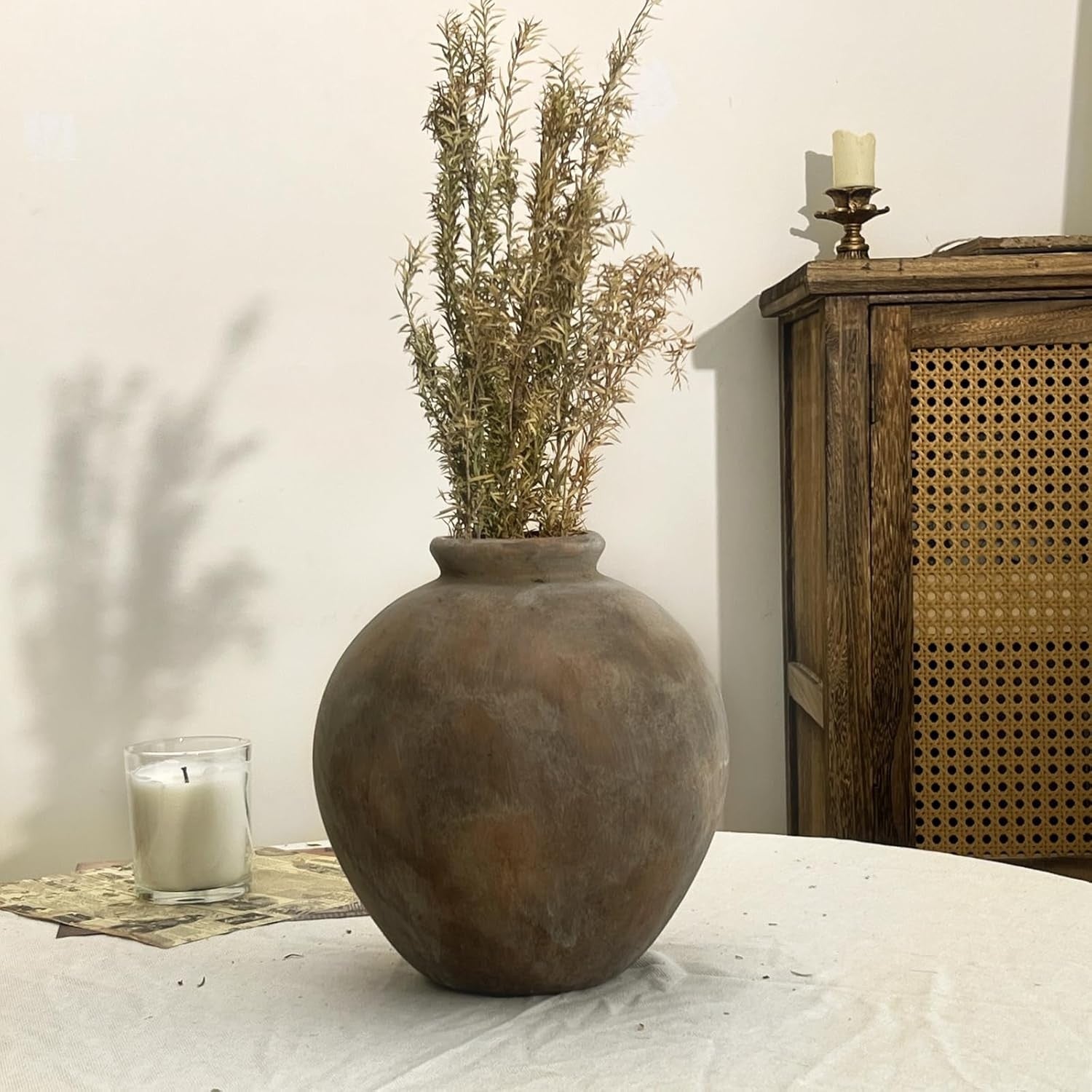Large Rustic Ceramic Vase Brown Round Decorative Flower Vase 22cm Home Decor