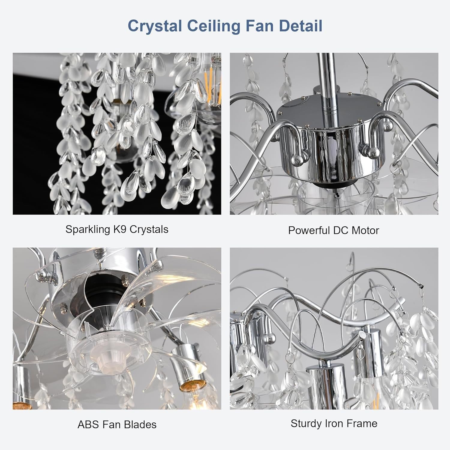 Crystal Ceiling Fan Light 50CM, 6-Speed, APP, Remote, Silver Leaf