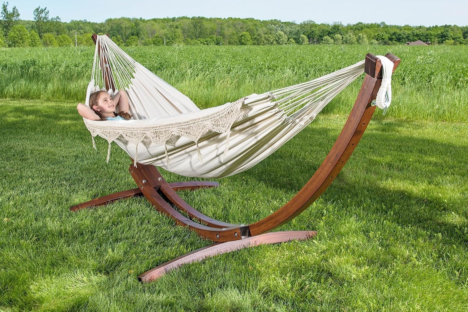 Natural Double Cotton Hammock with Solid Pine Arc Stand | 2 Person 450lb | 254cm