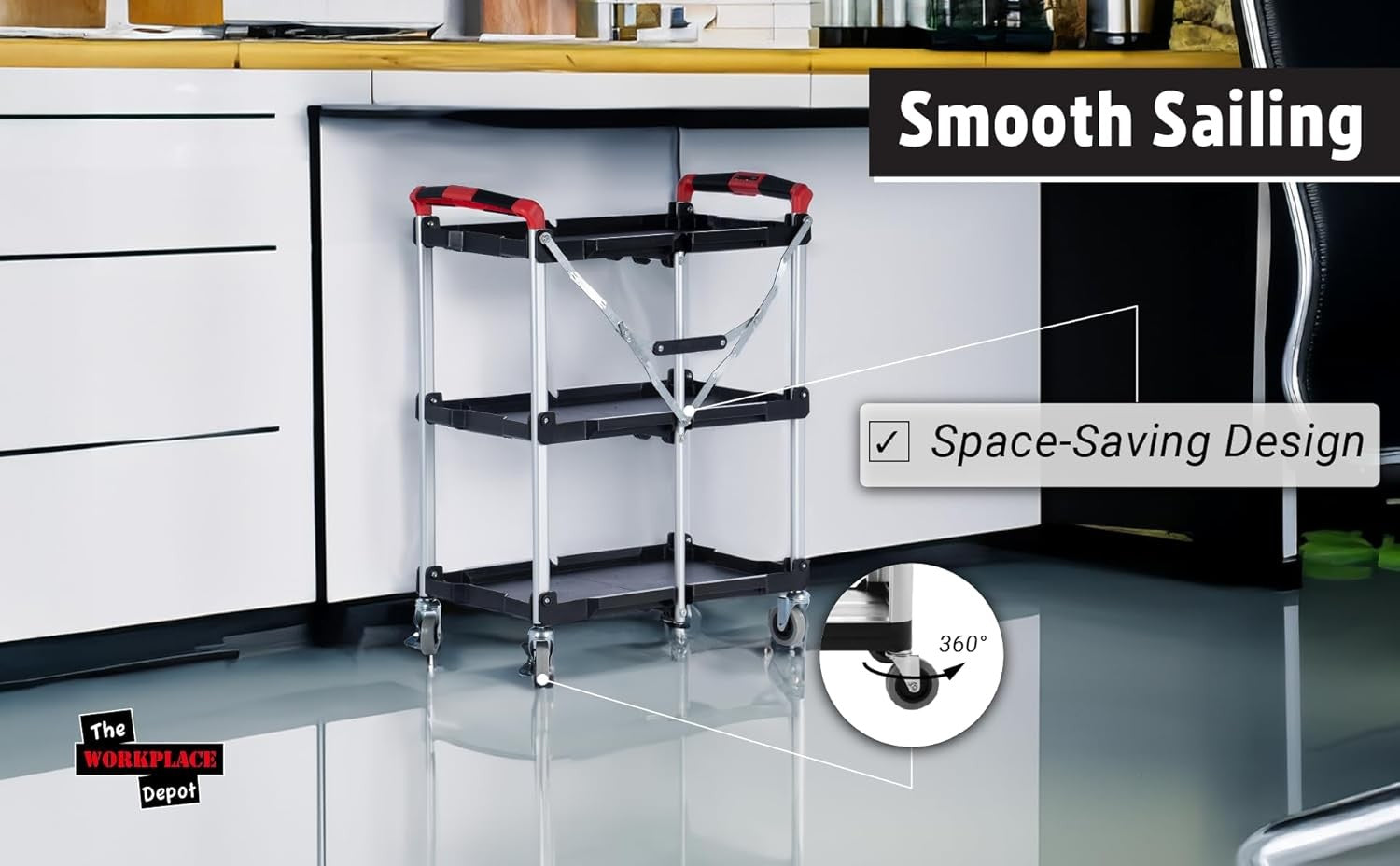 3 Tier Folding Service Cart Heavy Duty Utility Trolley Lockable Wheels