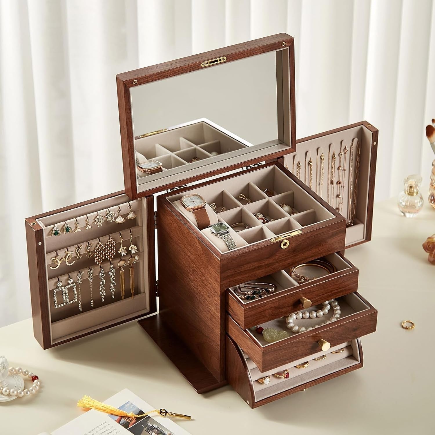 Walnut Wooden Jewelry Organizer Box Lockable Mirror 4 Tier Storage