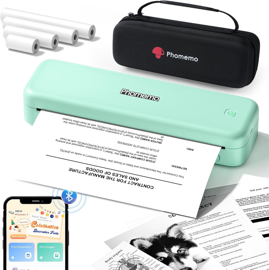 Portable A4 Thermal Printer Bluetooth Inkless 4 Rolls Green