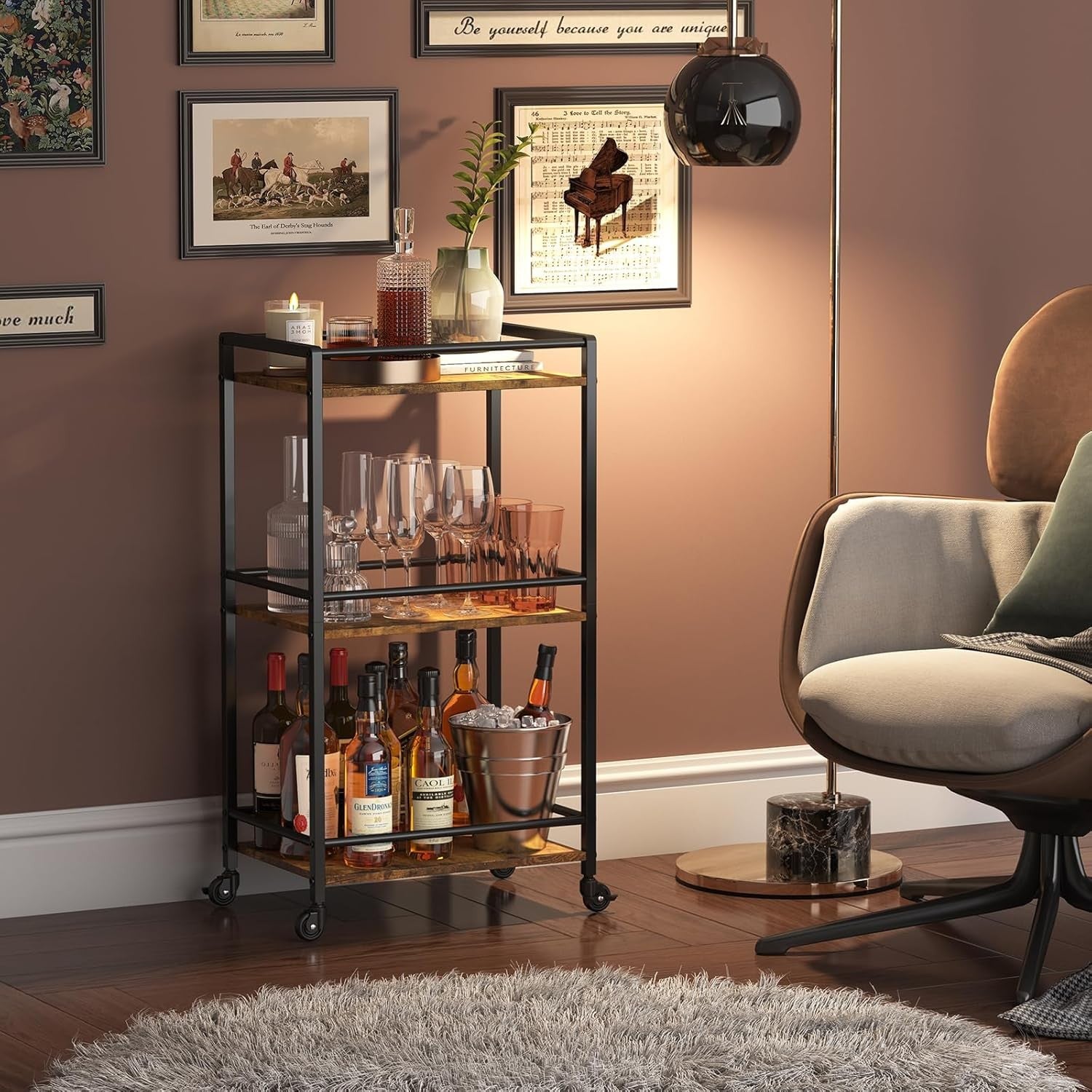 3 Tier Drinks Trolley Bar Cart on Wheels Rustic Serving Cart with Storage