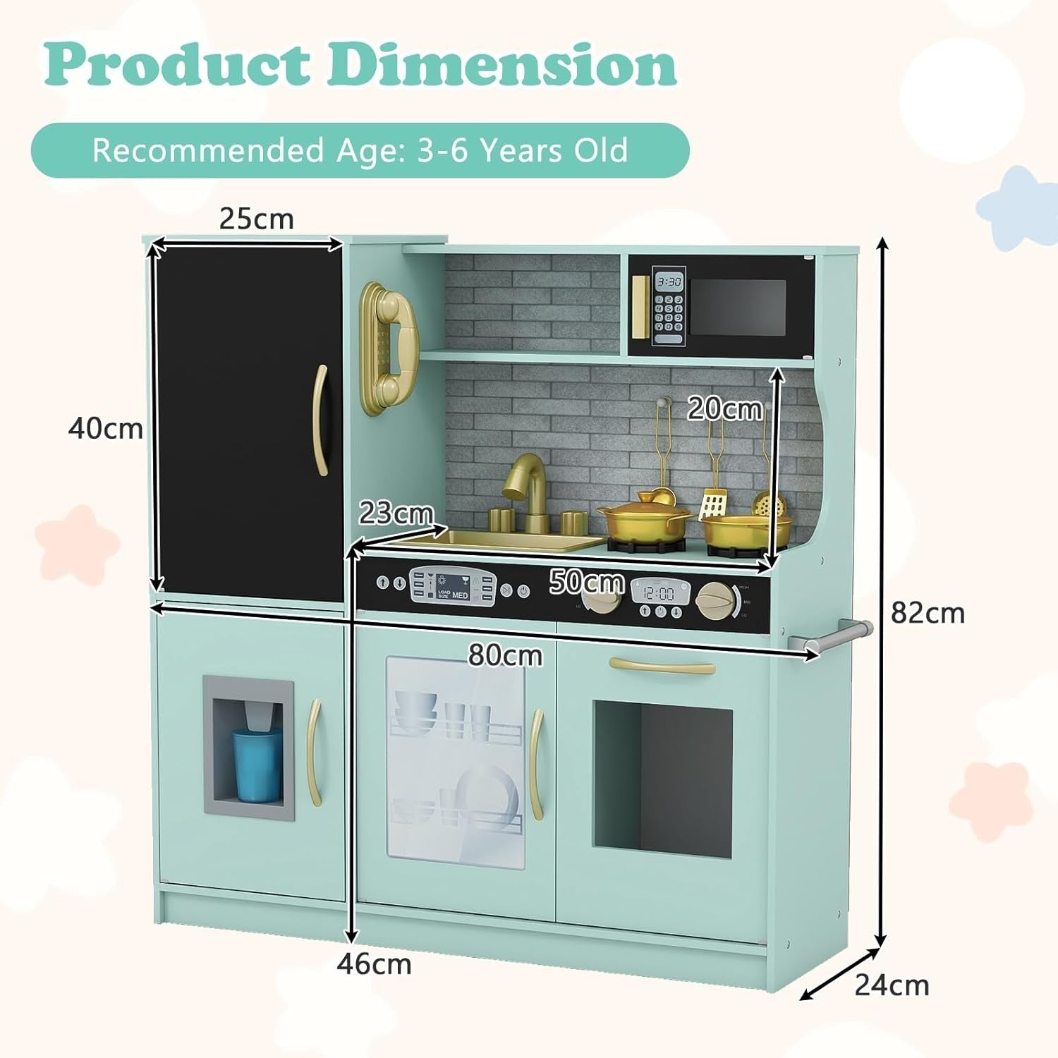 Kids Wooden Play Kitchen Blackboard Ice Maker Microwave Green Toy