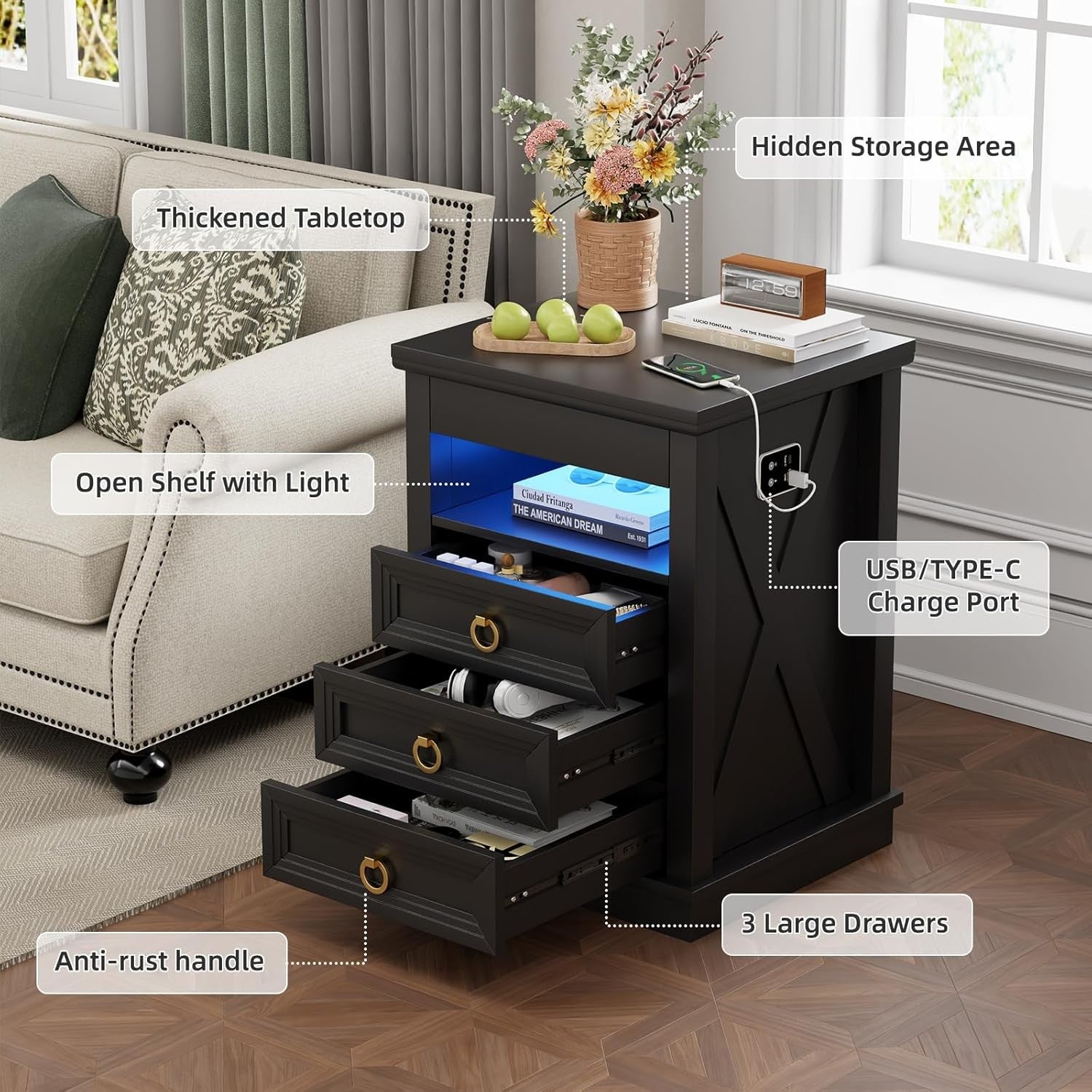 Black Smart Bedside Table with Wireless Charging, LED Lights & 4 Drawers Storage