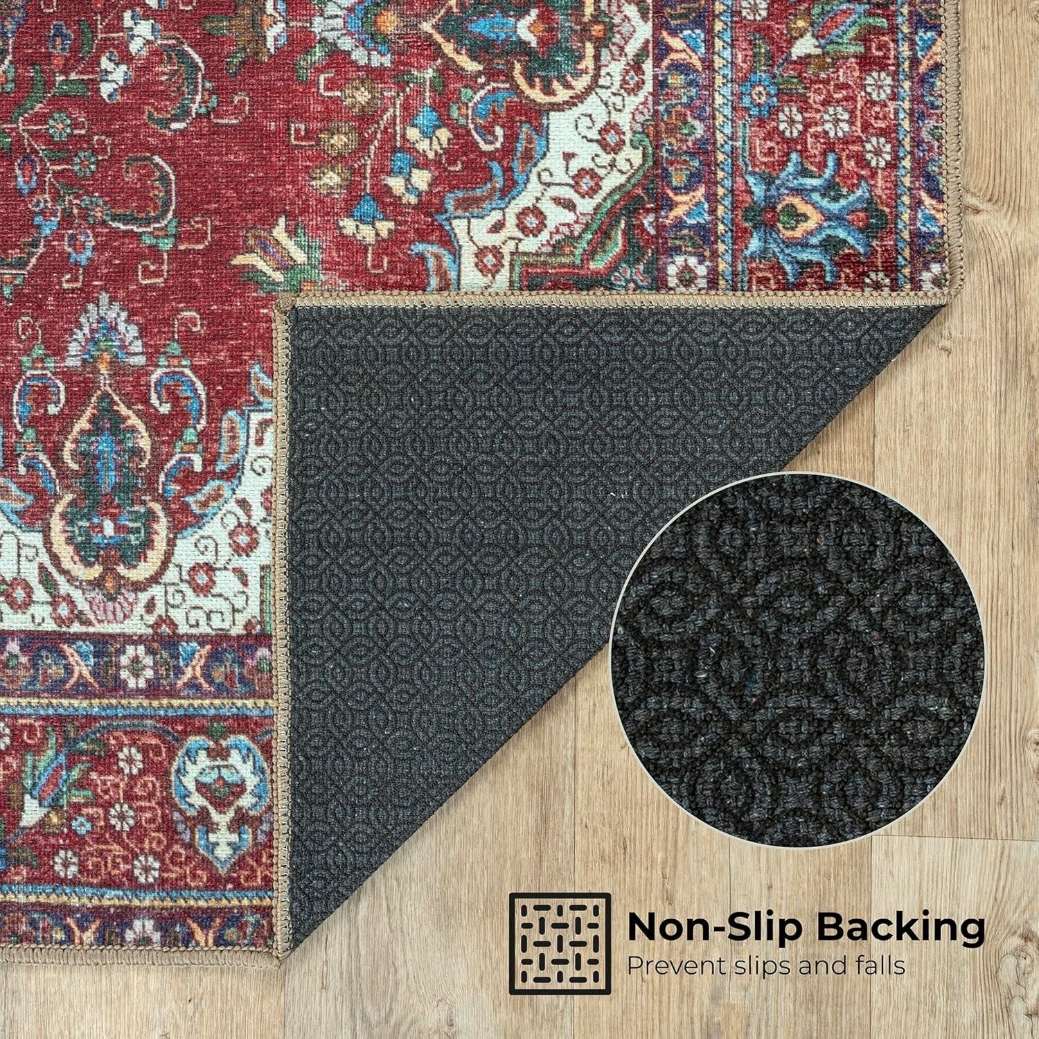 Washable Rug 152x213cm Non-Slip Soft Vintage Red Blue Carpet for Living Room