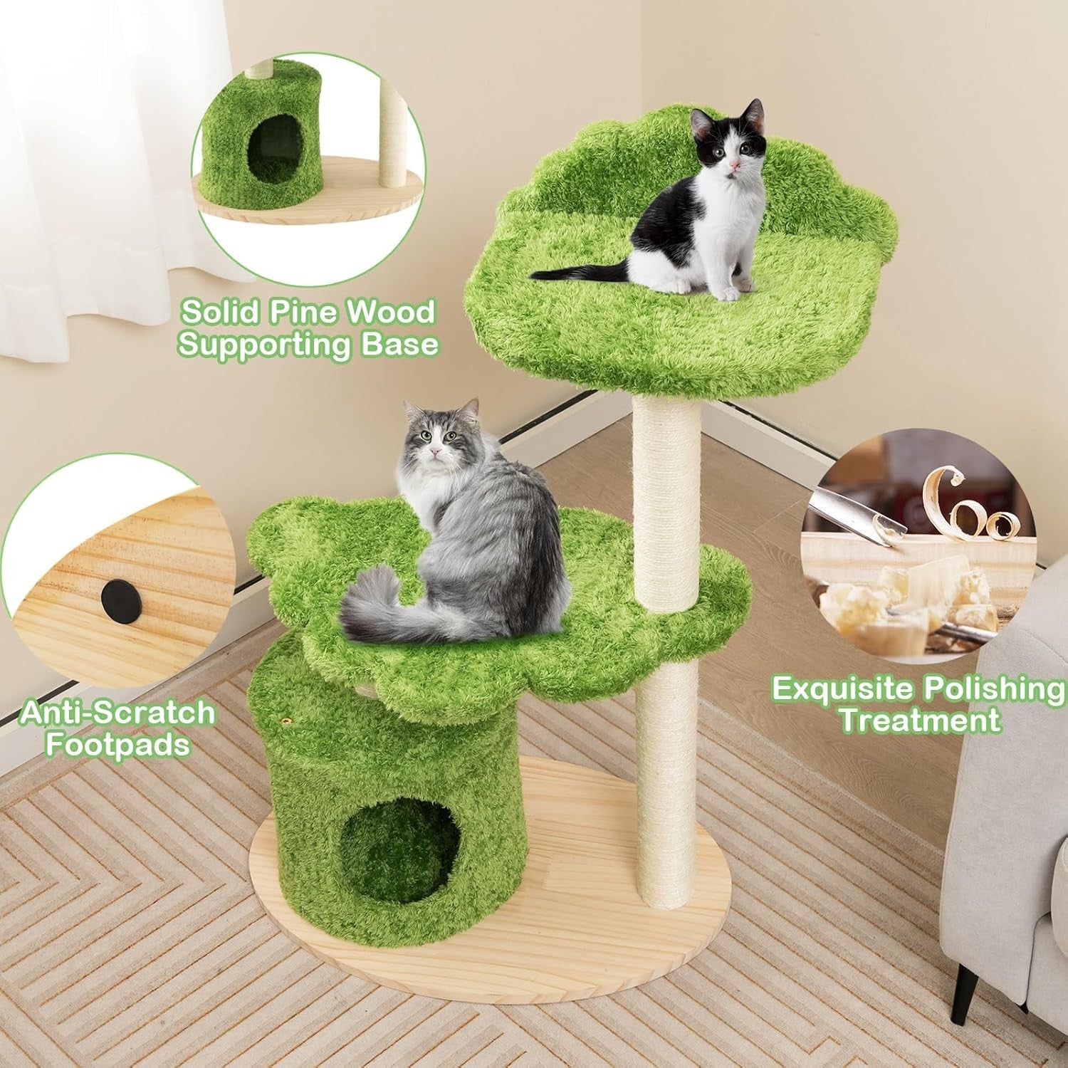 Wooden Cat Tree with Condo Top Perch Scratching Posts Indoor Kitten Tower