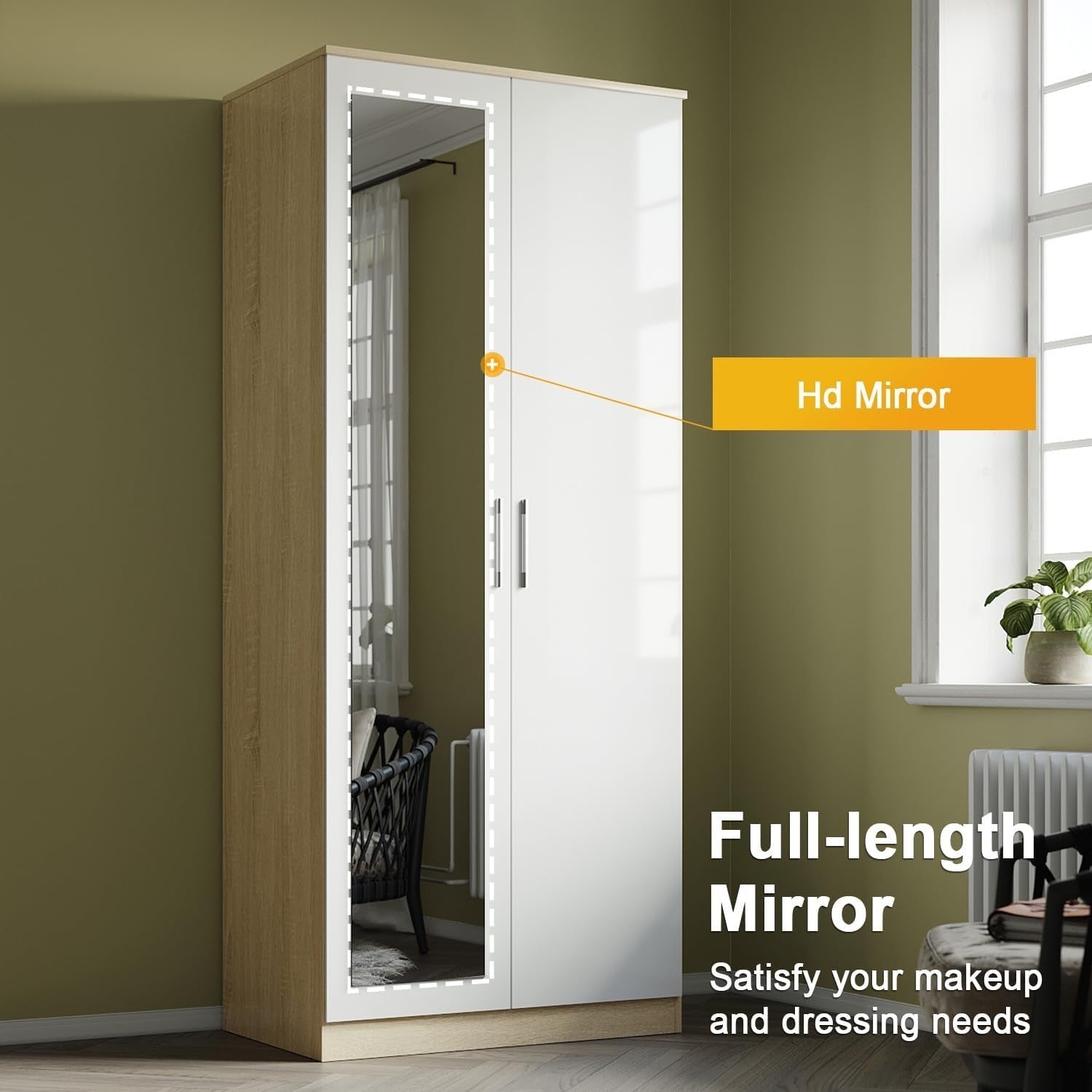 White Oak 2 Door Wardrobe with Full-Length Mirror Soft-Close Metal Handles