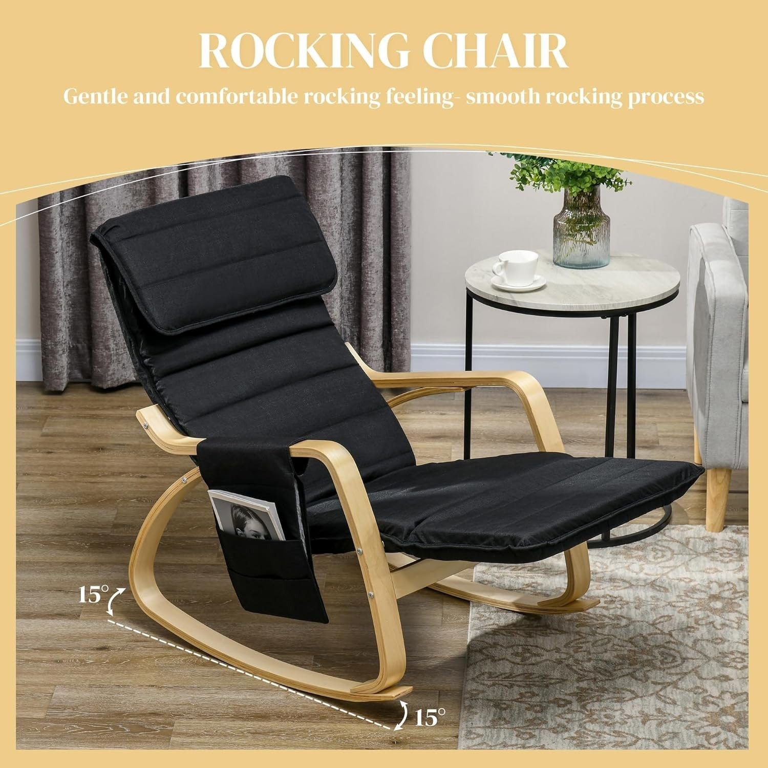 Reclining Rocking Chair w/ Footrest Pillow & Pocket – Comfy Relax Seat