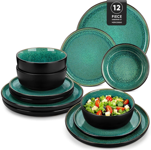 12pc Green Stoneware Dinner Set Reactive Glaze Plates Bowls Microwave Safe