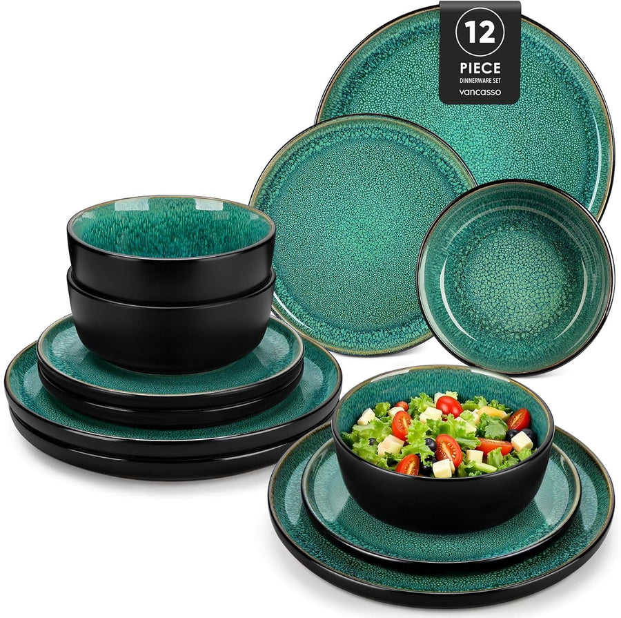 12pc Green Stoneware Dinner Set Reactive Glaze Plates Bowls Microwave Safe