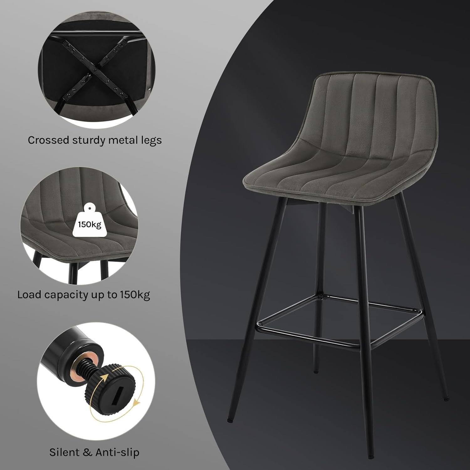 Contemporary Velvet Bar Stools Set of 2 Dark Grey Metal Kitchen Chairs