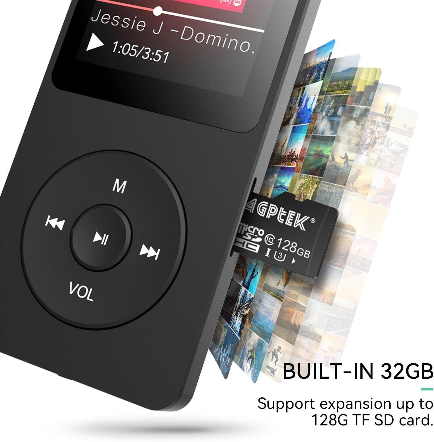 32GB MP3 Player Bluetooth 5.3 1.8" Screen Speaker FM 128GB