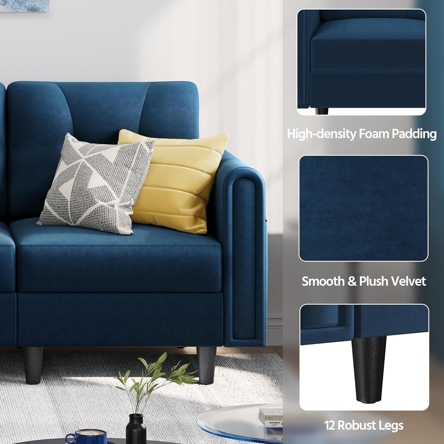 Velvet L-Shaped Corner Sofa with Ottoman 3-Seater Chaise for Small Spaces