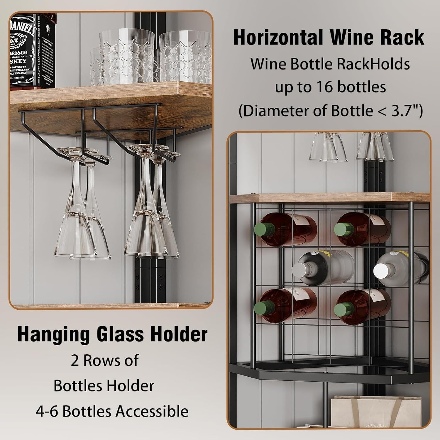5-Tier Corner Wine Rack Bottle Storage Cabinet with Glass Holder Rustic Brown