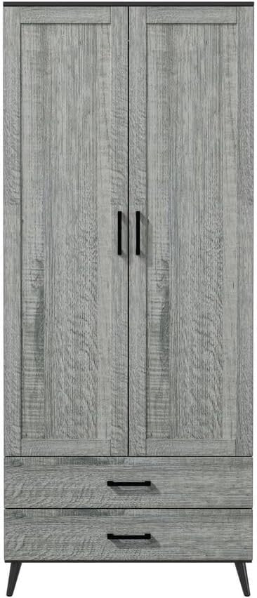 Modern Black 2 Door Wardrobe with Drawers & Hanging Rail - Bedroom Storage