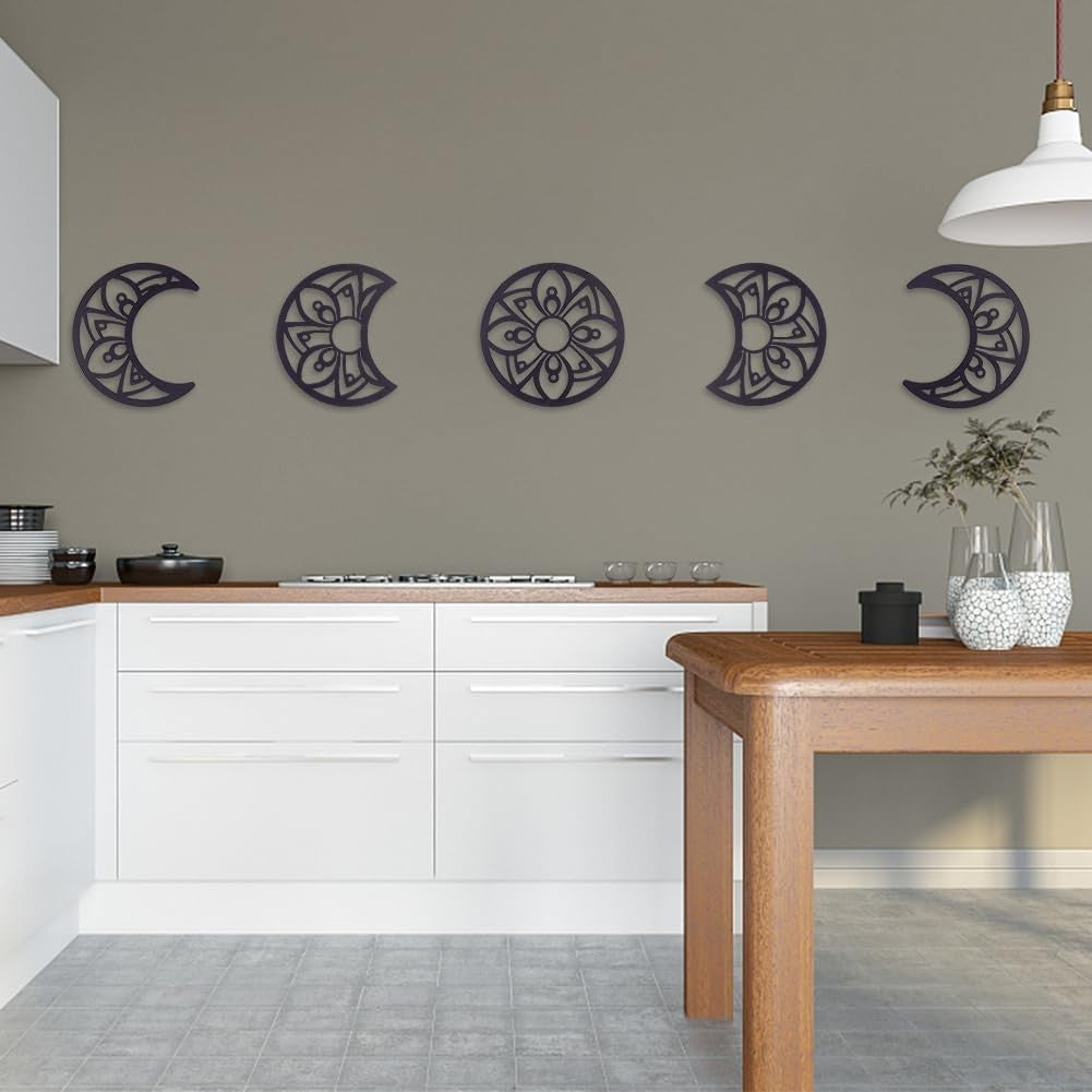 5pcs Moon Phase Wall Decor Boho Wood Flower Hanging Art Black