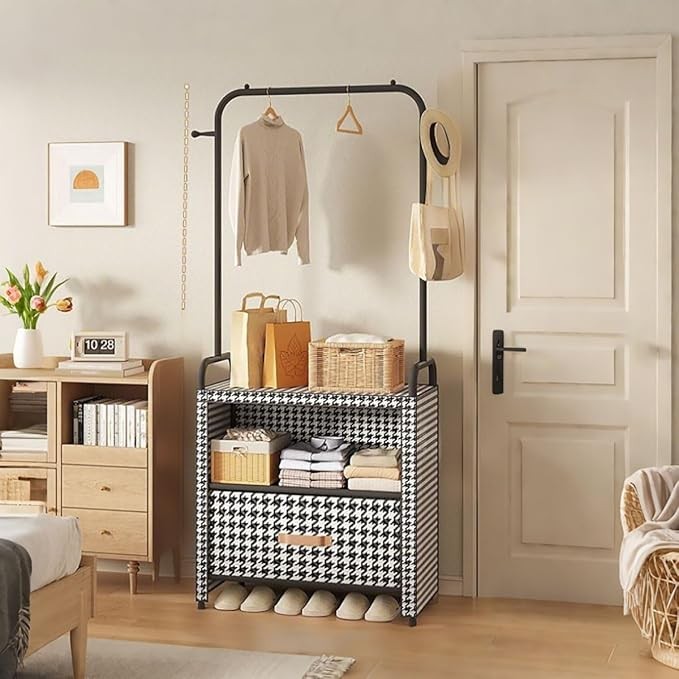Freestanding Wardrobe with Dust Cover & Drawers – Bedroom Clothes Storage Rack