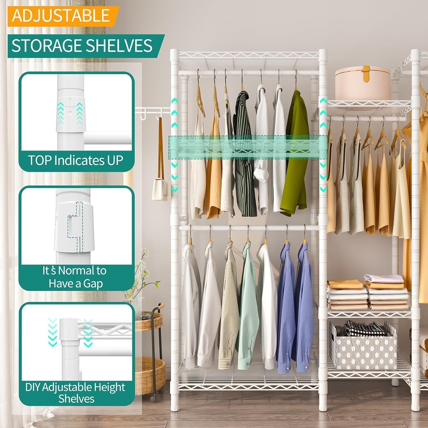 Heavy Duty Clothes Rail 7 Tier Adjustable Shelves 4 Rods White