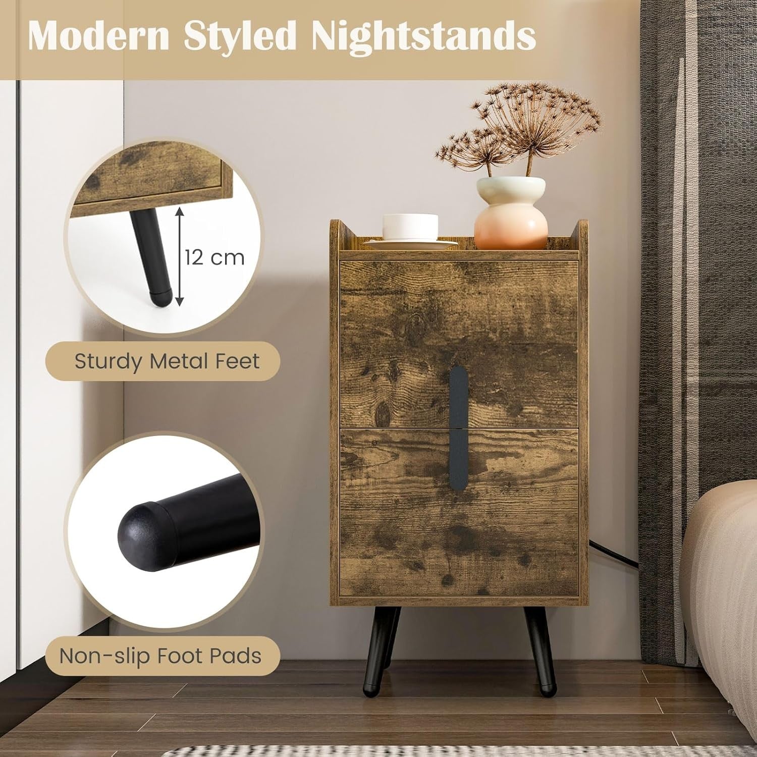 Slim Rustic Bedside Table with Charging Ports, 2-Drawer Narrow Nightstand