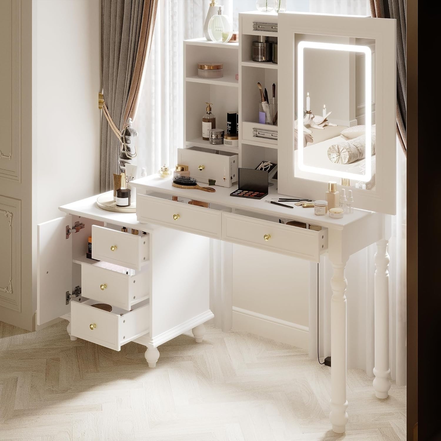 White Vanity Makeup Dressing Table 6 Drawers LED Mirror Modern Desk