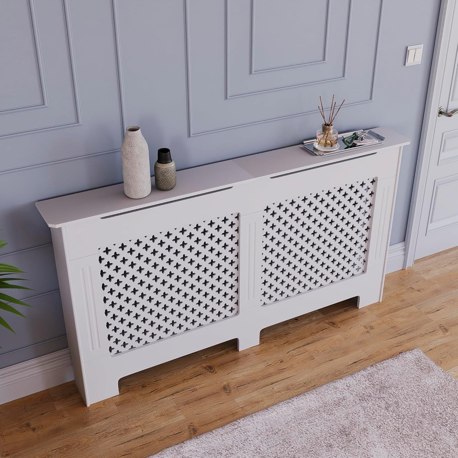 Large White Radiator Cover | Traditional Cross Pattern MDF Cabinet