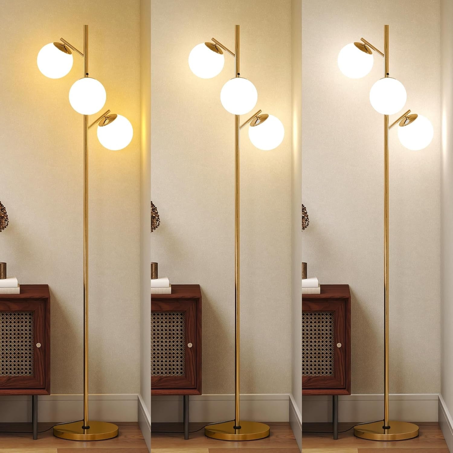 3 Light Tree Floor Lamp LED Globe Shades Gold Standing Lamp Living Room