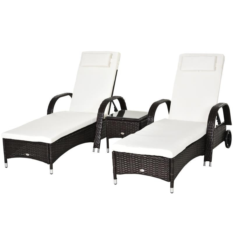 3Pc Rattan Recliner Lounger Set w/ Table Cushions Wheels Garden Patio