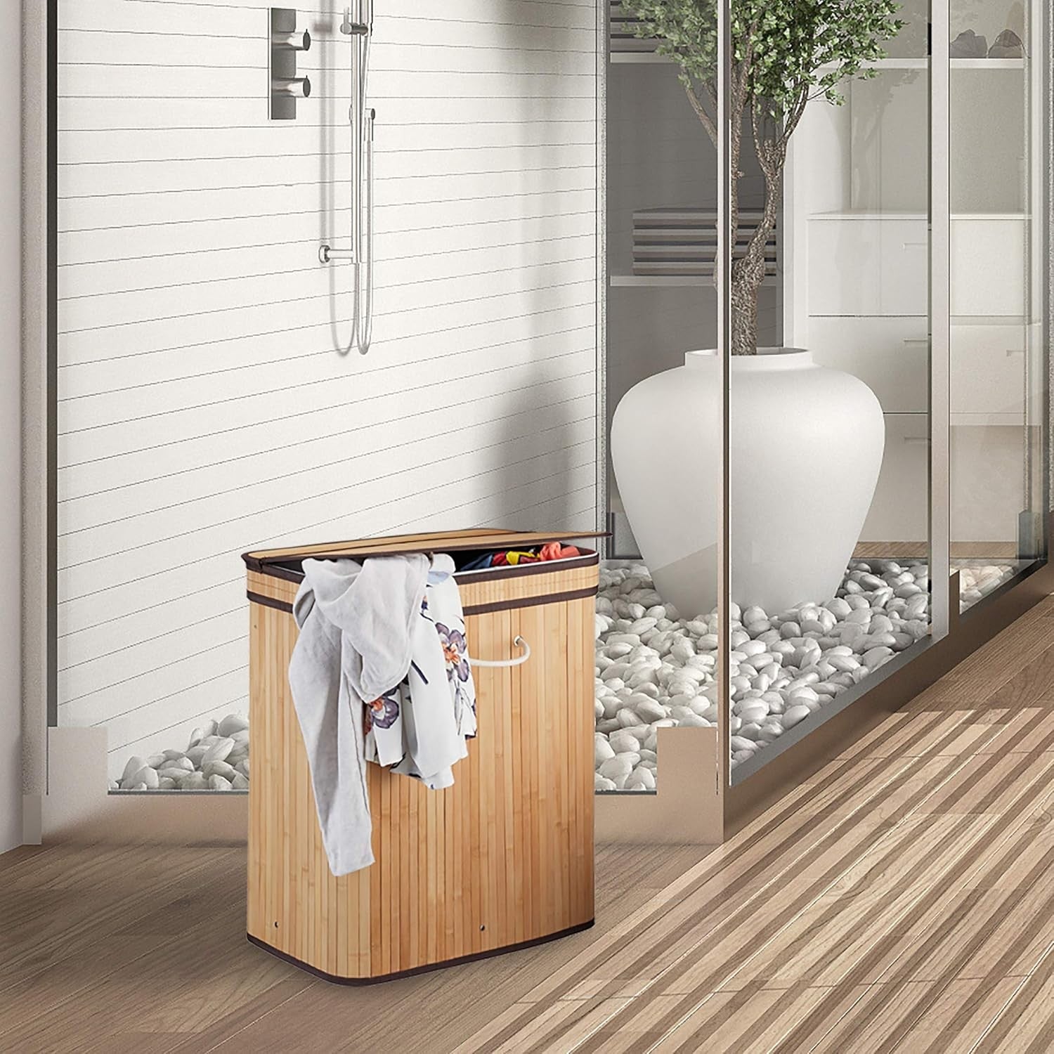 72L Black Bamboo Laundry Hamper With Lid 2-Section Ventilated Basket Large