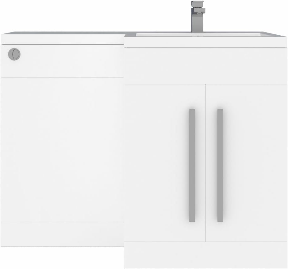 1100mm L Shape Right Hand Vanity Unit with Basin Sink & BTW Toilet Gloss White