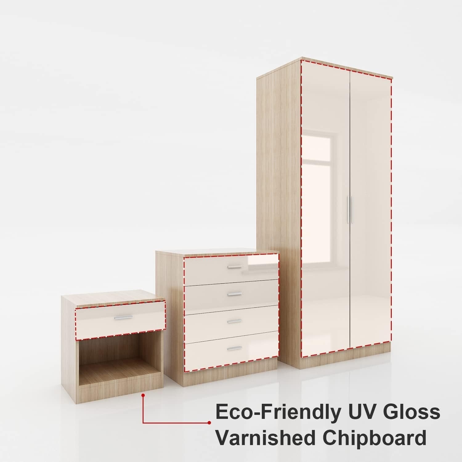 High Gloss 2 Door Wardrobe with Hanging Rail & Shelves - Bedroom Storage