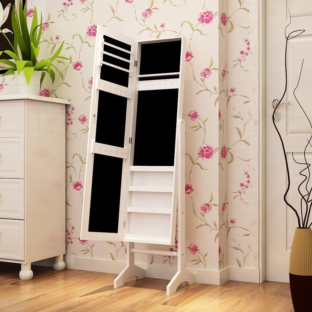 Standing Jewelry Cabinet with Mirror Compact Organizer Storage White