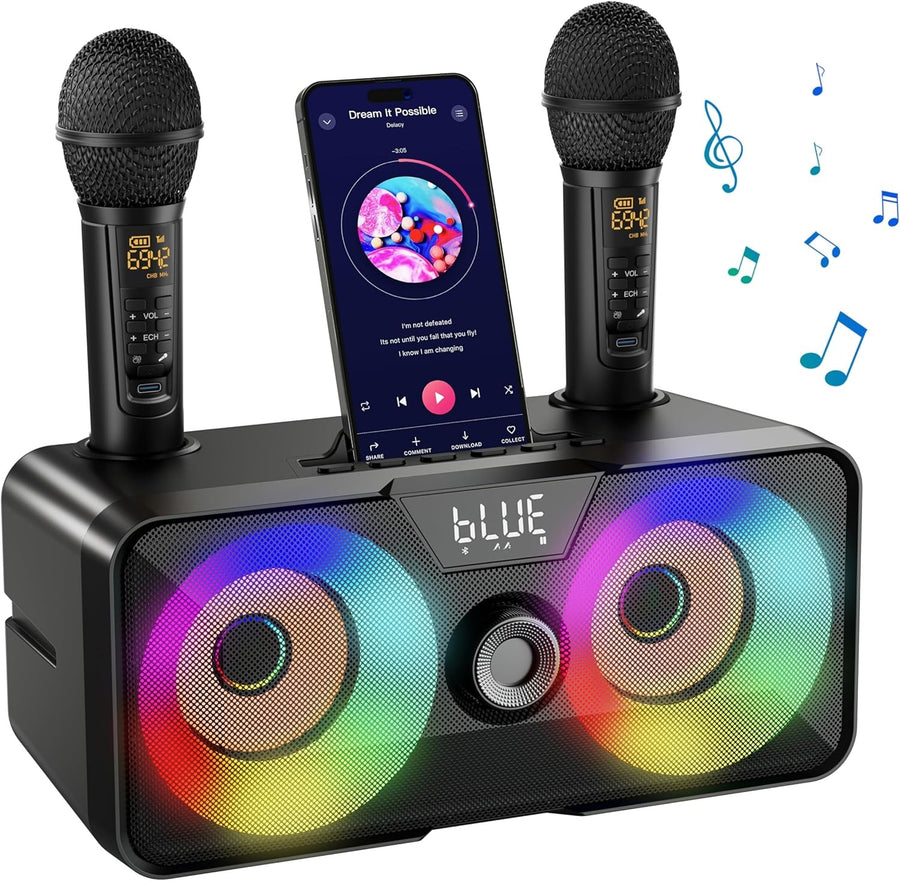 Karaoke Machine with 2 UHF Wireless Mics Bluetooth LED Speaker