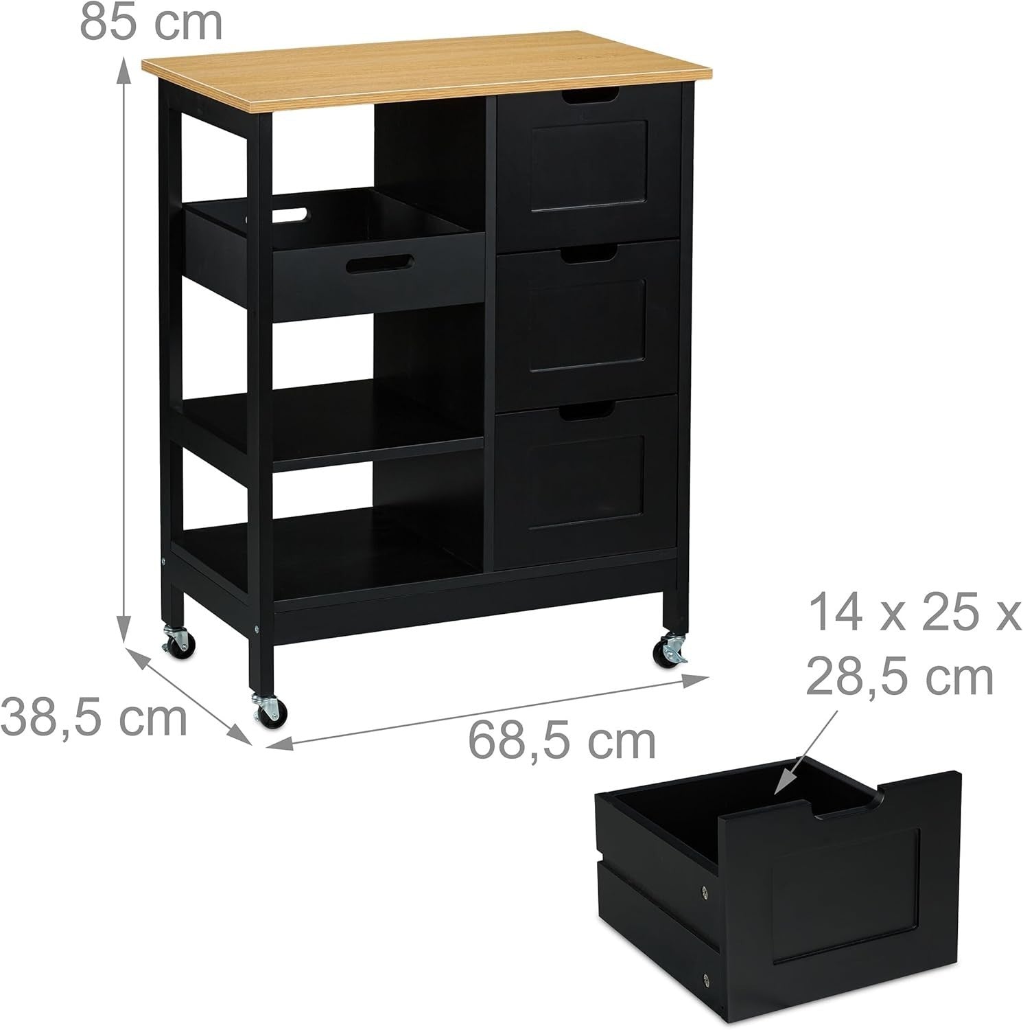 Rolling Kitchen Island Cart with 3 Drawers, Shelves & Wood Top, Black/Natural