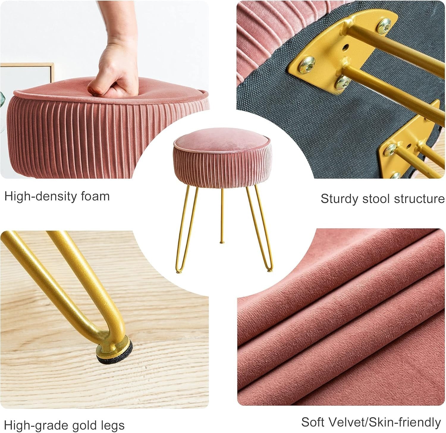 Pink Velvet Pleated Vanity Stool Round Ottoman with Gold Metal Legs